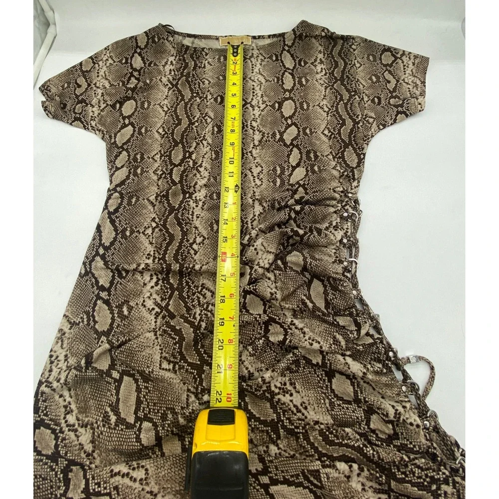 Michael Kors Snakeskin Ruched Side Grommet Dress Tan Brown‎ Short Sleeve Medium